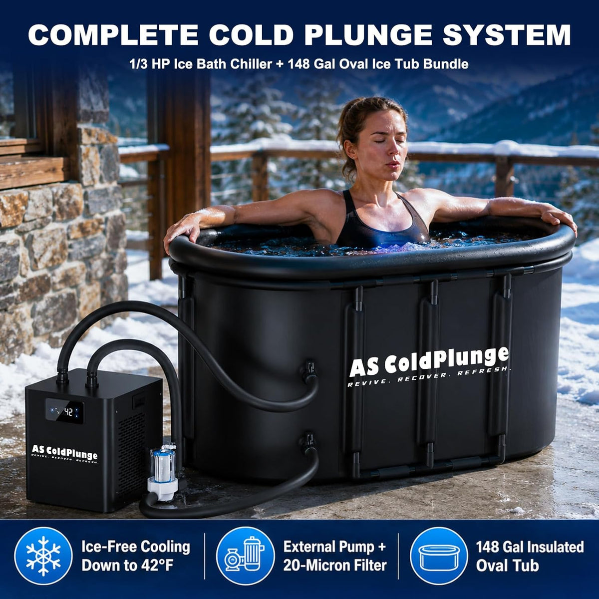 1/3 HP Ice Bath Chiller & 148 Gal Oval Cold Plunge Tub Kit — product view 3
