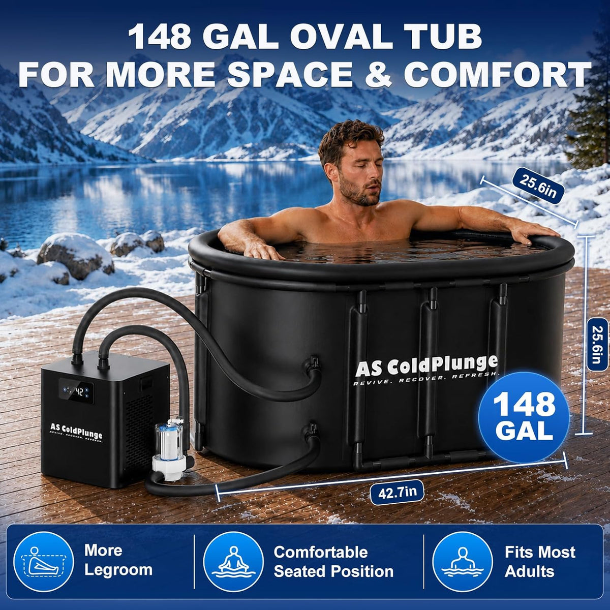 1/3 HP Ice Bath Chiller & 148 Gal Oval Cold Plunge Tub Kit — product view 6