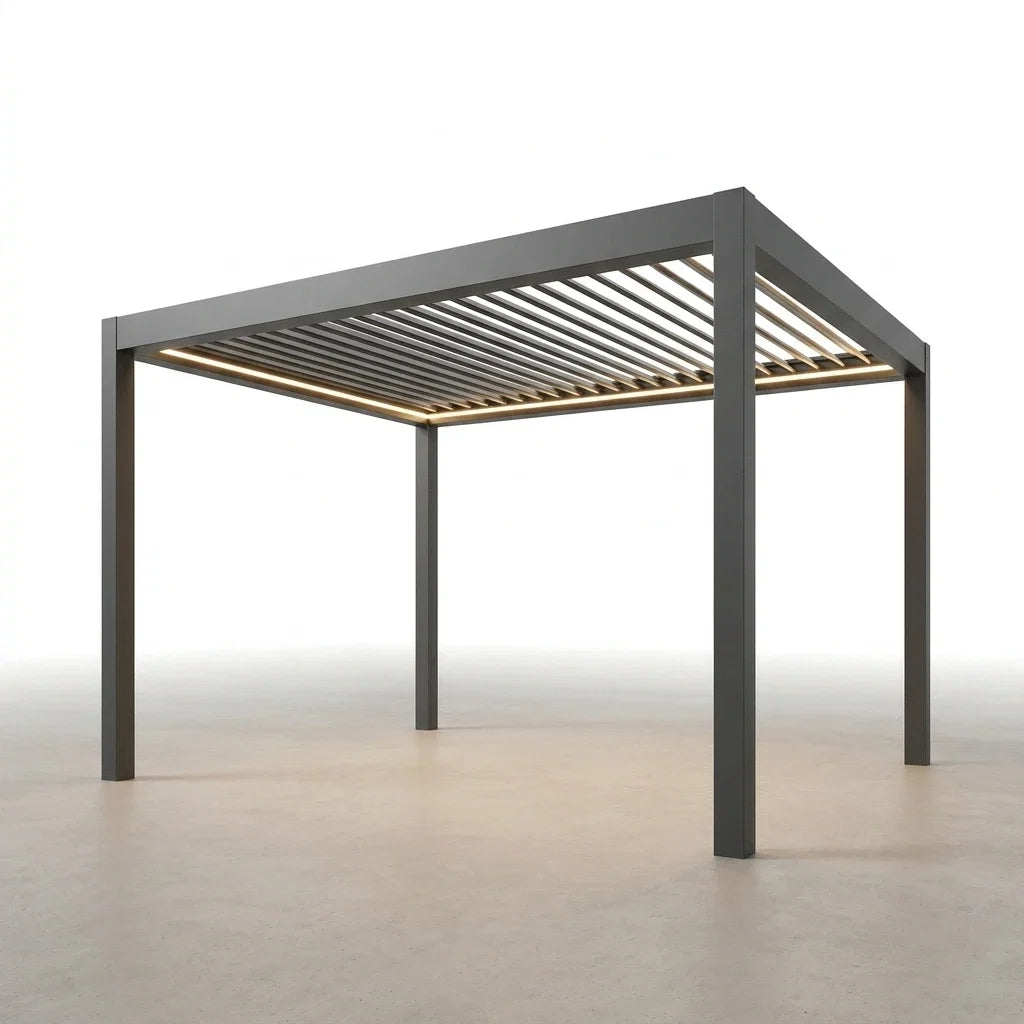 Outdoor Pergola Built for Smart Climate Control, Motorized Louvers, Waterproof Aluminum, Powder Coated — Studio Shot