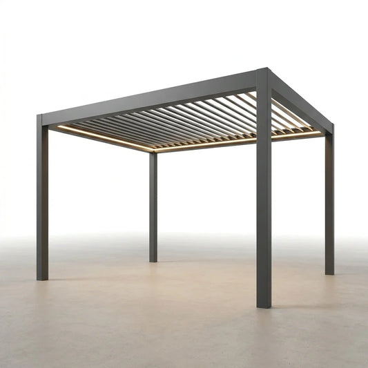 Outdoor Pergola Built for Smart Climate Control, Motorized Louvers, Waterproof Aluminum, Powder Coated — Studio Shot