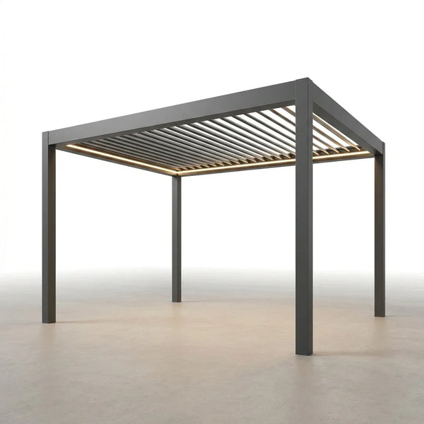 Outdoor Pergola Built for Smart Climate Control, Motorized Louvers, Waterproof Aluminum, Powder Coated — Studio Shot