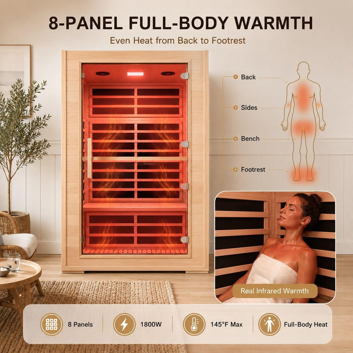 2 Person Far Infrared Sauna with Smart APP Control, 2000W Low EMF Wooden Infrared Sauna Room for Home, 8 Carbon Mica Heating Panels Wellness Sauna, Canadian Hemlock Indoor Spa for Home Relaxation — product view 3