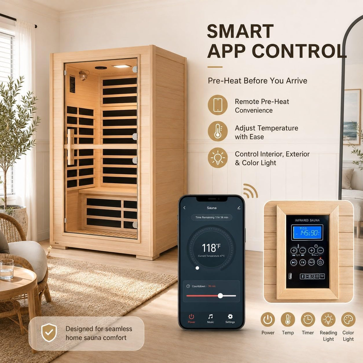2 Person Far Infrared Sauna with Smart APP Control, 2000W Low EMF Wooden Infrared Sauna Room for Home, 8 Carbon Mica Heating Panels Wellness Sauna, Canadian Hemlock Indoor Spa for Home Relaxation — product view 4