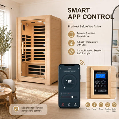 2 Person Far Infrared Sauna with Smart APP Control, 2000W Low EMF Wooden Infrared Sauna Room for Home, 8 Carbon Mica Heating Panels Wellness Sauna, Canadian Hemlock Indoor Spa for Home Relaxation — product view 4