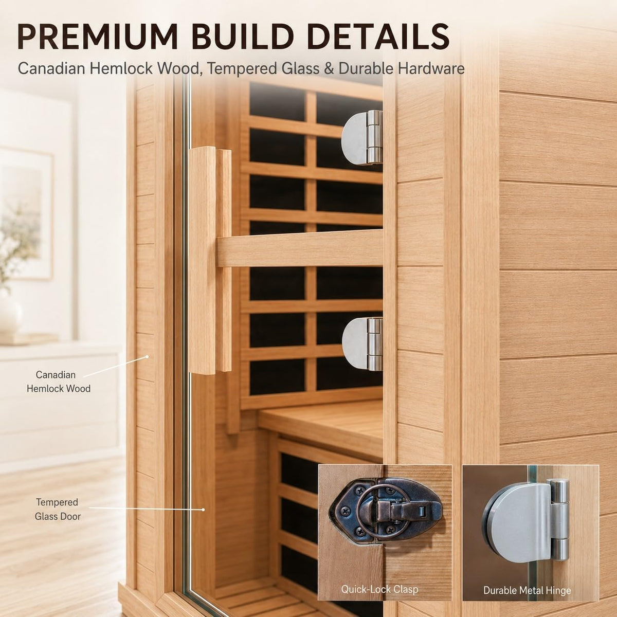 2 Person Far Infrared Sauna with Smart APP Control, 2000W Low EMF Wooden Infrared Sauna Room for Home, 8 Carbon Mica Heating Panels Wellness Sauna, Canadian Hemlock Indoor Spa for Home Relaxation — product view 6