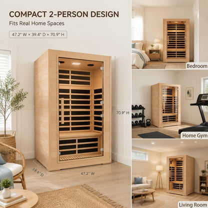 2 Person Far Infrared Sauna with Smart APP Control, 2000W Low EMF Wooden Infrared Sauna Room for Home, 8 Carbon Mica Heating Panels Wellness Sauna, Canadian Hemlock Indoor Spa for Home Relaxation — product view 7