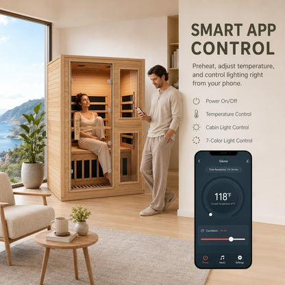 2 Person Far Infrared Sauna with Smart APP Control, Canadian Hemlock Wood Indoor Sauna Room, 2000W Low EMF Fast Heating Home Dry Sauna, 7 Color Chromotherapy, Bluetooth Speakers for Relaxation — product view 3