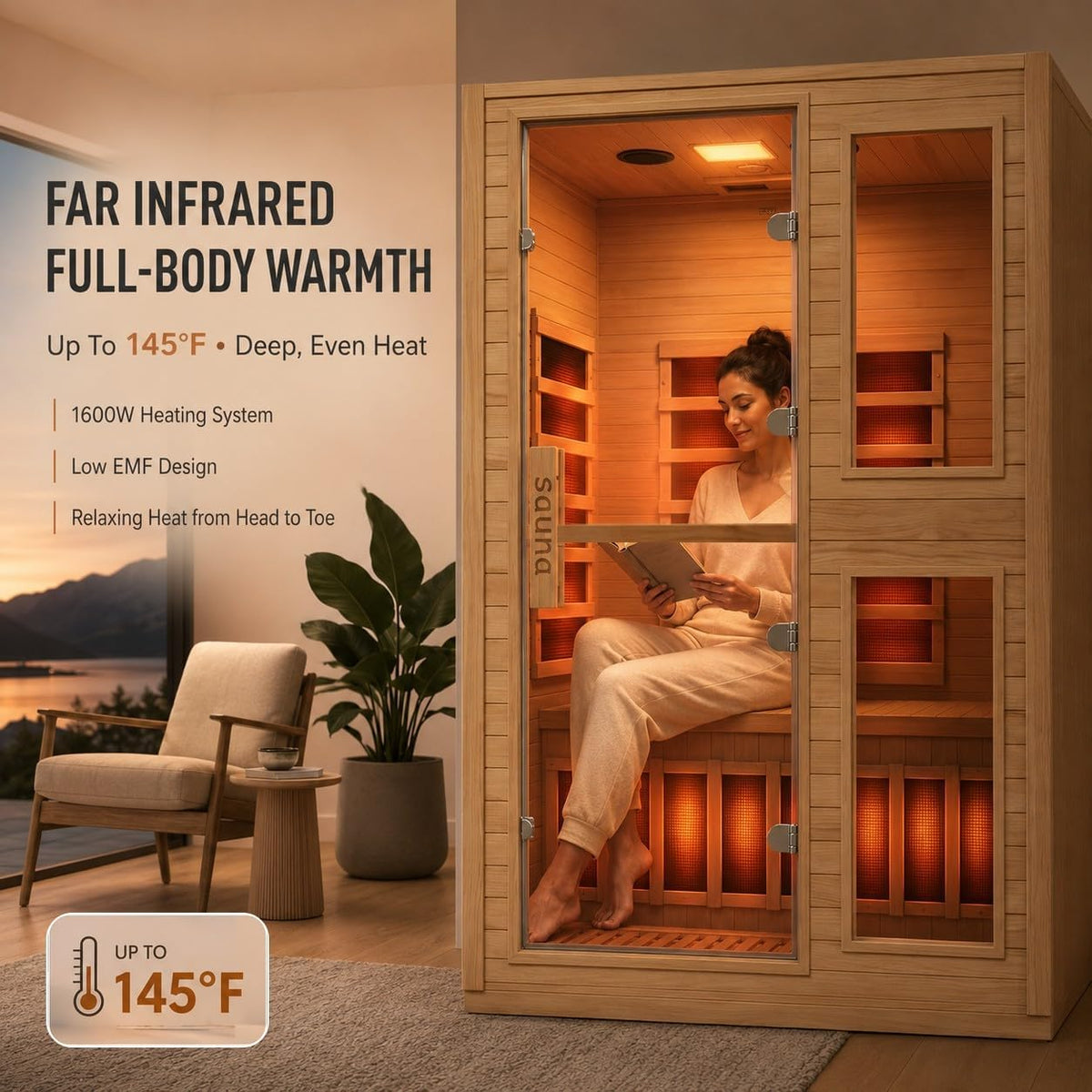 2 Person Far Infrared Sauna with Smart APP Control, Canadian Hemlock Wood Indoor Sauna Room, 2000W Low EMF Fast Heating Home Dry Sauna, 7 Color Chromotherapy, Bluetooth Speakers for Relaxation — product view 4