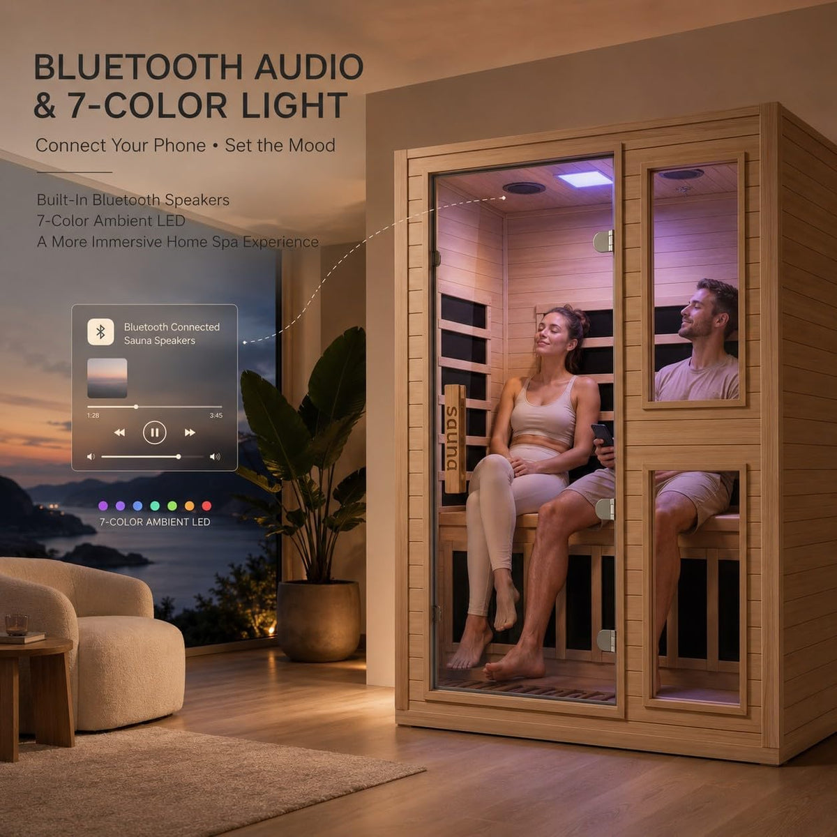 2 Person Far Infrared Sauna with Smart APP Control, Canadian Hemlock Wood Indoor Sauna Room, 2000W Low EMF Fast Heating Home Dry Sauna, 7 Color Chromotherapy, Bluetooth Speakers for Relaxation — product view 5