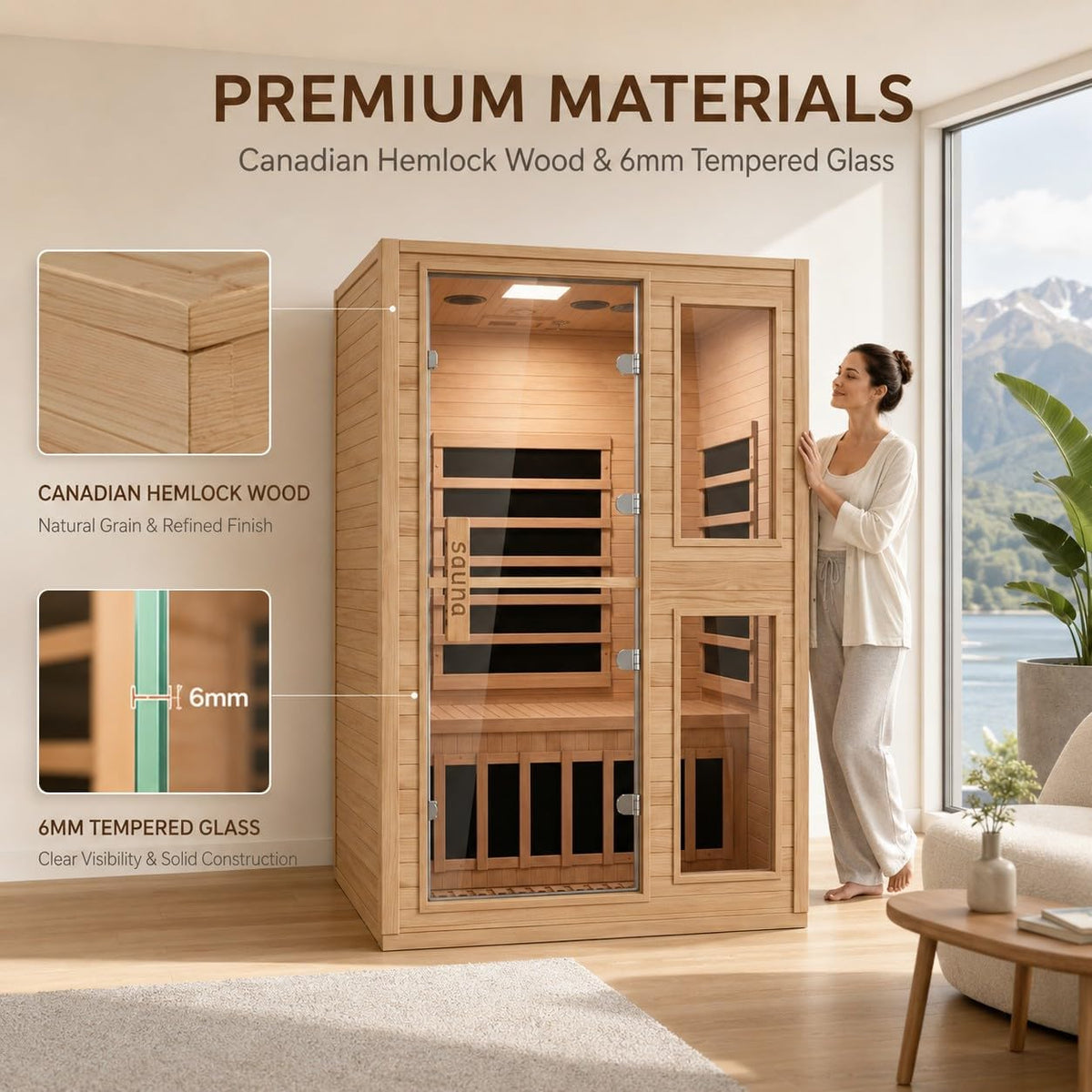 2 Person Far Infrared Sauna with Smart APP Control, Canadian Hemlock Wood Indoor Sauna Room, 2000W Low EMF Fast Heating Home Dry Sauna, 7 Color Chromotherapy, Bluetooth Speakers for Relaxation — product view 6
