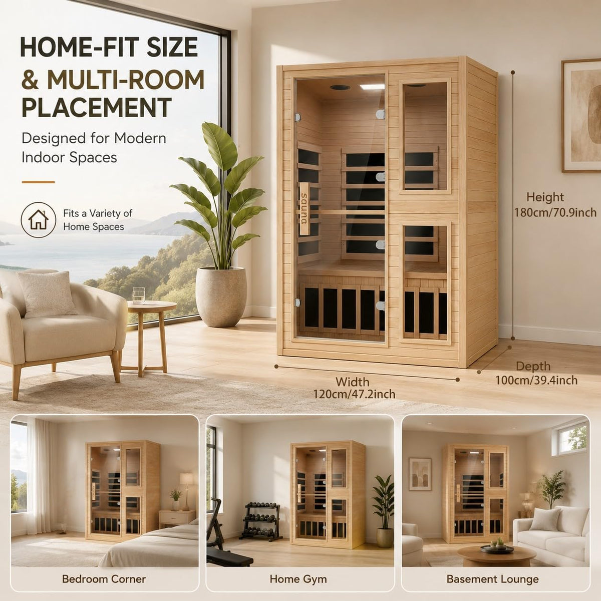 2 Person Far Infrared Sauna with Smart APP Control, Canadian Hemlock Wood Indoor Sauna Room, 2000W Low EMF Fast Heating Home Dry Sauna, 7 Color Chromotherapy, Bluetooth Speakers for Relaxation — product view 7