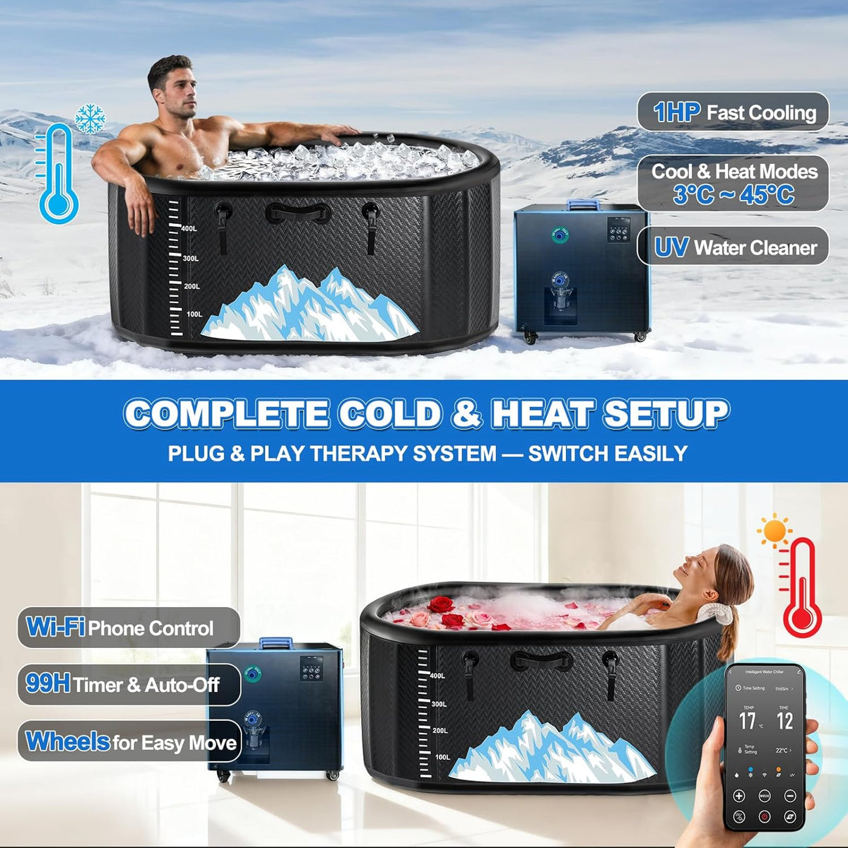 Cold Plunge Tub, 248 Gallon, 1 Horsepower, Heavy-Duty Ice Bath Tub for Athletes with Hot & Cold, Portable Inflatable Plunge Chiller with Water Treatment Kit, Immersion Therapy, Wifi (Black, 1 Set) — product view 4