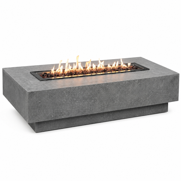 Hampton Fire Table Outdoor Fire Pit 56" X 32" Cast Concrete Firepit Includes Lava Rocks 45,000 Btus Outdoor Fireplace for Patio Furniture Set, Deck, Porch, Outdoor Heater - Liquid Propane